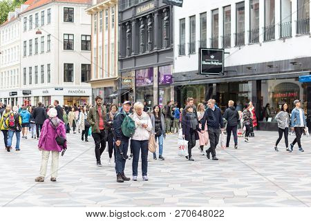Copenhagen, Denmark - July 1, 2017: People On Main Pedestrian And Shopping Street Called Stroget In 