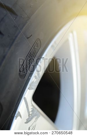 Close Up View On The Rim Protection Feature At The Sidewall Of A High Perfomance Car Tire Mounted On