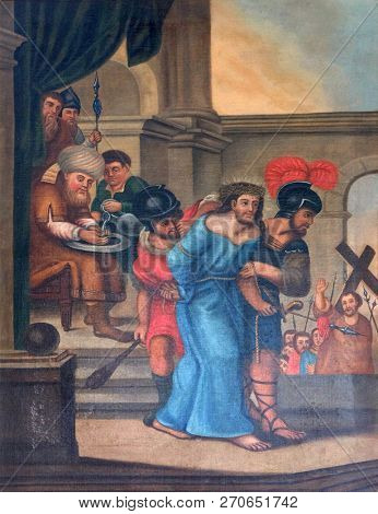 RETZBACH, GERMANY - JULY 04, 2018: 1st Stations of the Cross, Jesus is condemned to death, Maria im Grunen Tal pilgrimage church in Retzbach in the Bavarian district of Main-Spessart, Germany