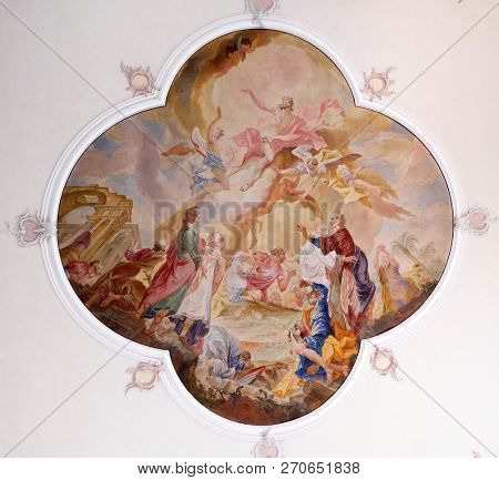 AALEN, GERMANY - JULY 12, 2018: Ascension of Christ, fresco in the Saint Nicholas Evangelical church, Aalen, Germany