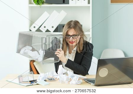 Stress, Office, Hysteric, People Concept - Aggressive Woman With A Lot Of Work In Office Laugh Becau