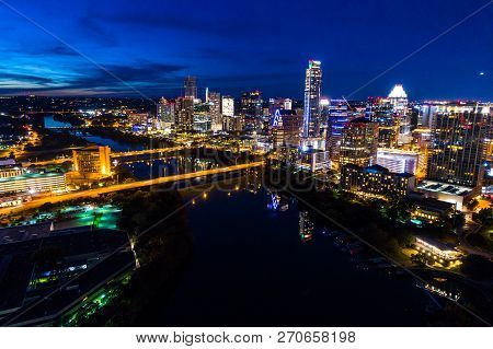 Austin Nightscape - Places At Night - Aerial Drone View Capital Cities Austin, Texas , Usa Skyline C