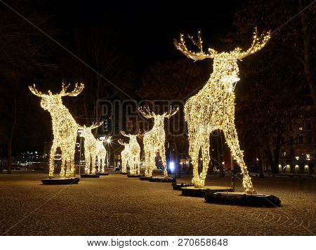 Gigantic Elk Or Moose Christmas Decoration Made Of Led Light At Nybrokajen, Stockholm, Sweden