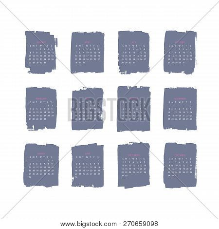 Vector Of 2019 New Year Calendar With Plants On Cyanotype Texture. Holiday Event Planner. Week Start