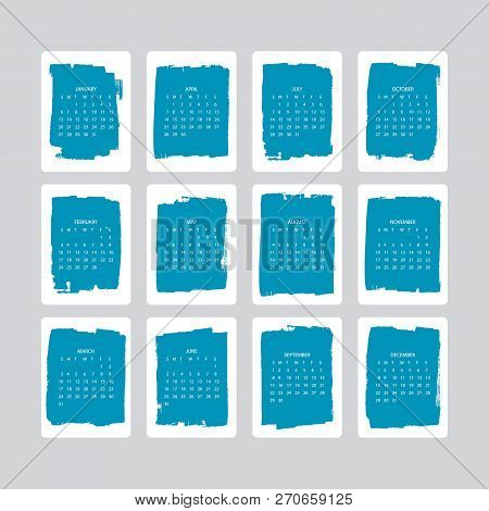 Vector Of 2019 New Year Calendar With Plants On Cyanotype Texture. Holiday Event Planner. Week Start