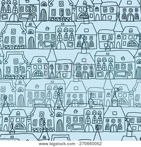 Cartoon Vector Doodles Hand Drawn Town. Seamless Pattern