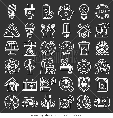 Energy Saving Icon Set. Outline Set Of Energy Saving Vector Icons For Web Design Isolated On Gray Ba