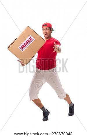 Handsome contractor holding fragile box isolated on white 