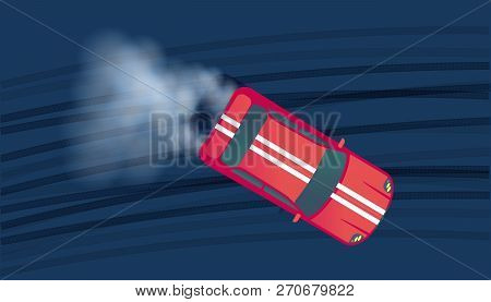 Sport Car Drifting On Race Track. Motorsport Competition. Top View Vector Illustration.