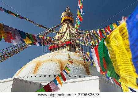 Boudha, Bodhnath Or Boudhanath Stupa With Prayer Flags, The Biggest Buddhist Stupa In Kathmandu City