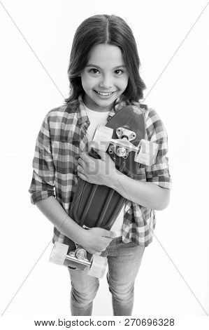 Penny Board Girl. Girl With Penny Board. Hipster Child Hold Skate Penny Board. Penny Board In Hands 