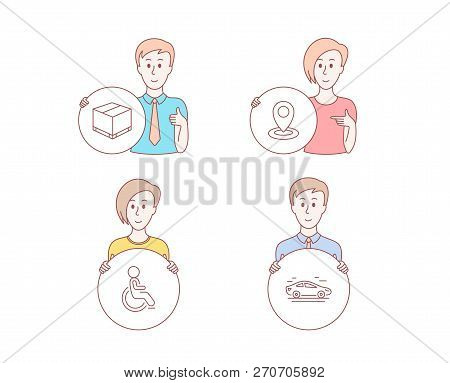 People Hand Drawn Style. Set Of Delivery Box, Disabled And Location Icons. Car Sign. Cargo Package, 