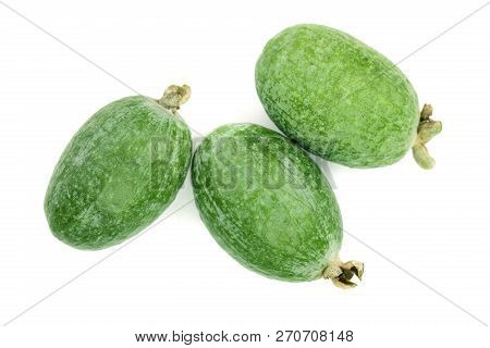 Tropical Fruit Feijoa Acca Sellowiana Isolated On White Background. Top View. Flat Lay Pattern