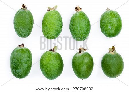 Tropical Fruit Feijoa Acca Sellowiana Isolated On White Background. Top View. Flat Lay Pattern