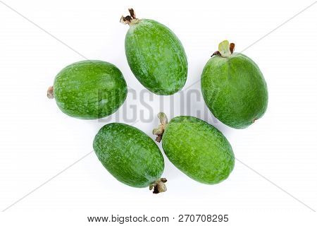 Tropical Fruit Feijoa Acca Sellowiana Isolated On White Background. Top View. Flat Lay Pattern