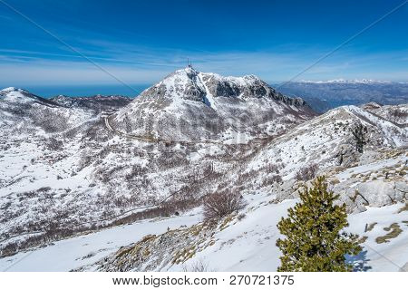 Stunning Mountain Winter Landscape Panorama Of Stirovnik Peak, The Highest Summit Of The Lovcen Nati