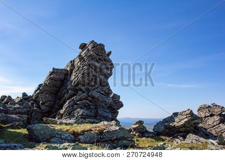 Stones Of The Northern Ural. Taiga. Large Boulders And Stone Remnants Of The Oldest Mountains On The