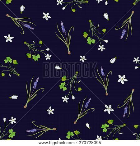 Spring Seamless Pattern With Miscari And Wood Sorrel. Hand Drawn Vector Illustration
