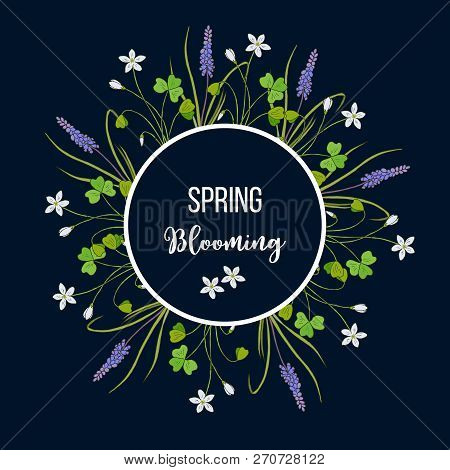 Spring Round Frame With Miscari And Wood Sorrel. Hand Drawn Vector Illustration