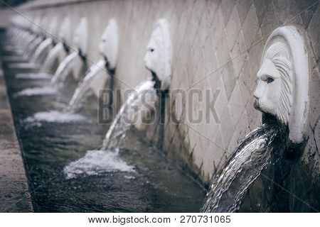 Venetian Lion Head Fountain In Spili On Crete, Greece, Europe.