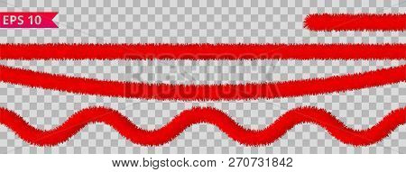 Red Tinsel Collection. Christmas Holiday Decoration Elements. Xmas Ribbon Garlands. Festive Bright O