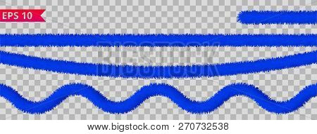Blue Tinsel Collection. Christmas Holiday Decoration Elements. Xmas Ribbon Garlands. Festive Bright 