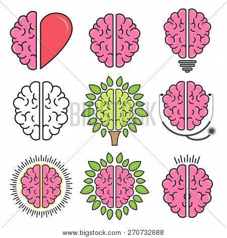 Set Of Flat Design Colored Brain Symbols