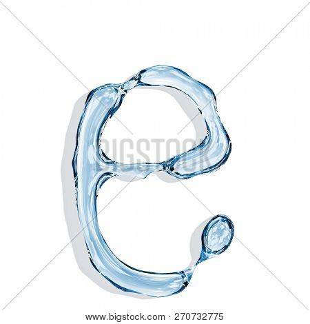 Letter e from clear transparent bluish water droplets. Isolated on white background. 3d rendering.