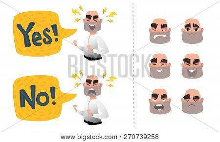 Set Of Male Facial Emotions. Bearded Bald Man Emoji Character With Different Expressions. Business M