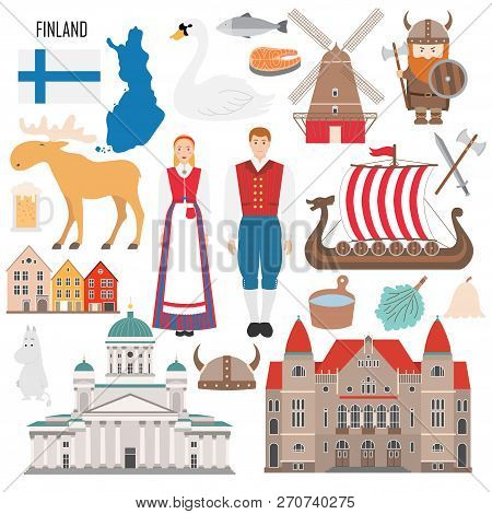 Set With Architecture, National Flag, Costume, Map And Other Finland Symbols In Flat Style. Vector I