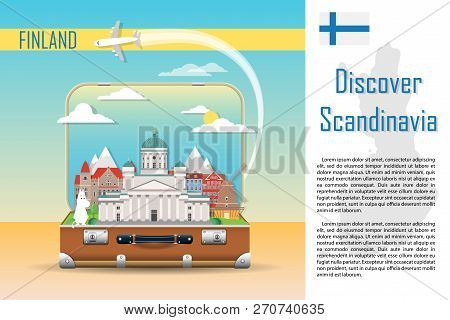 Travel Background. Suitcase With Landmarks Of Finland. Web Advertising Banner. Infographic Luggage W