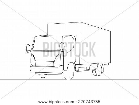 One Continuous Drawn Single Art  Line  Doodle  Drawing  Sketch Truck With Cargo Trailer Driving. Con