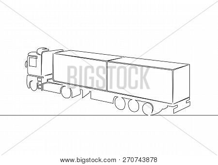One Continuous Drawn Single Art  Line  Doodle  Drawing  Sketch Truck With Cargo Trailer Driving. Con