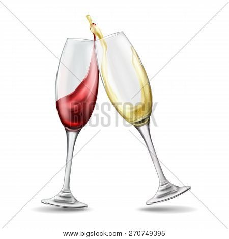 Two Wine Glasses With Splash Of Red And White Wine, Celebratory Toast, Realistic Illustration Isolat