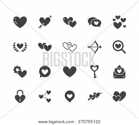 Heart Flat Glyph Icons Set. Love, Dating Site Vector Illustrations - Two Hearts Shape, Romantic Date