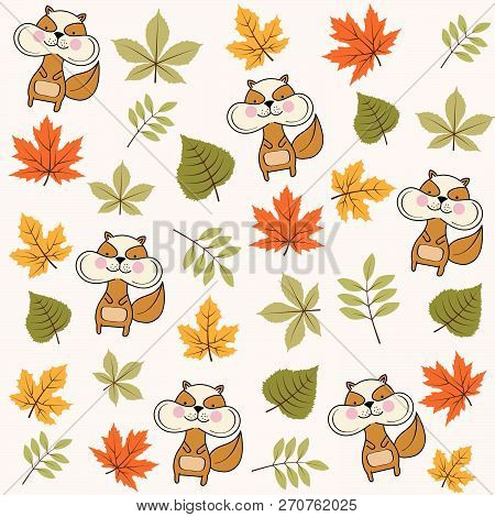 Autumn Seamless Pattern With Leaves And Squirrels