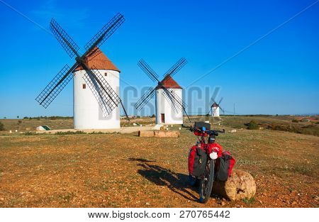 Mota del Cuervo windmills pilgrim bike in Cuenca at Castile la Mancha of spain