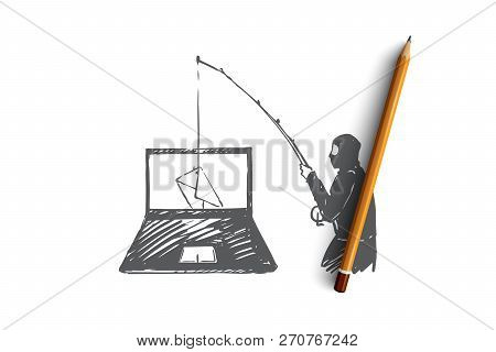 Dlp, Espionage, Virus, Penetration, Dangers Concept. Hand Drawn Hacker Hacks Laptop And Steals Infor