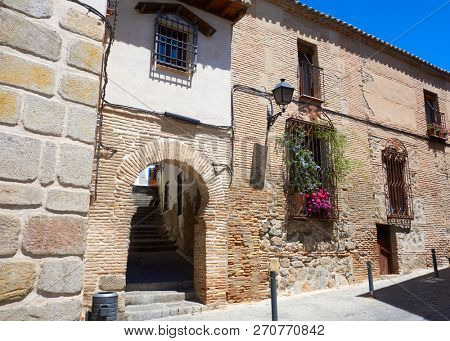 Toledo juderia facades in Castile La Mancha of Spain