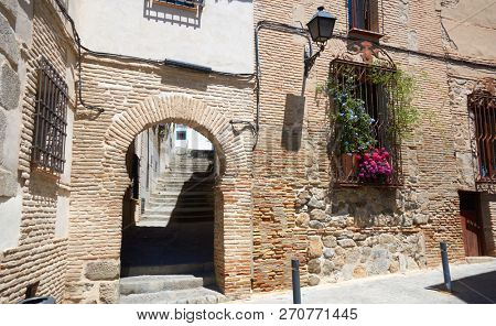 Toledo juderia facades in Castile La Mancha of Spain