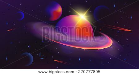 Wide Vector Illustration Of Space. Space Background With Planets And Stars. Space Exploration. Gradi