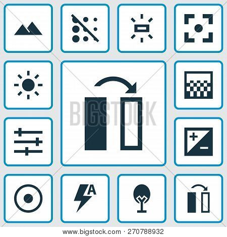 Photo Icons Set With Exposure, Nature, Brightness And Other Dartboard Elements. Isolated Vector Illu