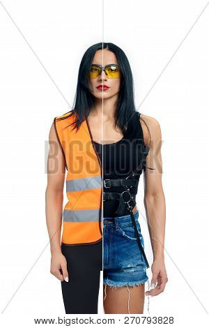 Woman In Two Occupations Of Worker And Shooter Isolated On White Background. One Half Muscular Girl 