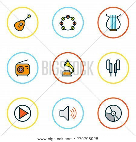 Audio Icons Colored Line Set With Timbrel, Earphones, Strings And Other Set Elements. Isolated  Illu