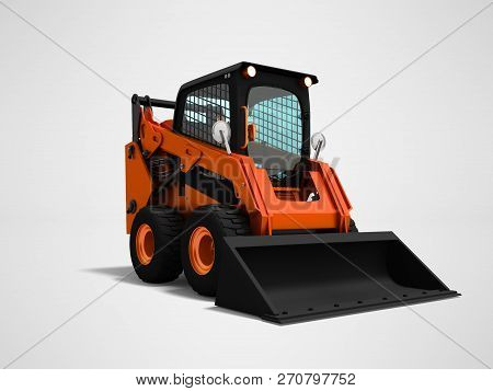 Modern Orange Mini Loader With Bucket In Front 3d Render On Gray Background With Shadow