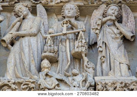Amiens, France - February 9, 2013: Sculpture At The Famous Gothic Cathedral Of Amiens, France, Depic