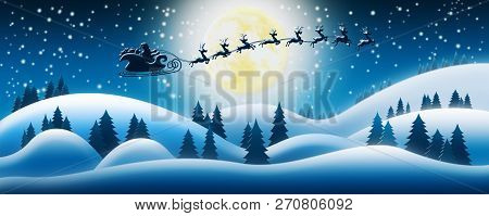 Santa Claus Rides Reindeer Sleigh In Christmas Night Over The Snow Fields With Full Moon And Starry