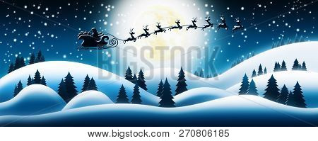 Santa Claus Rides Reindeer Sleigh In Christmas Night Over The Snow Fields With Full Moon And Starry