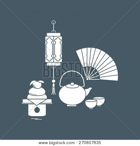 Eastern New Year Symbols. Chinese Lantern, Kettle With Two Cups, Fan, Kagami Mochi. Festive Traditio