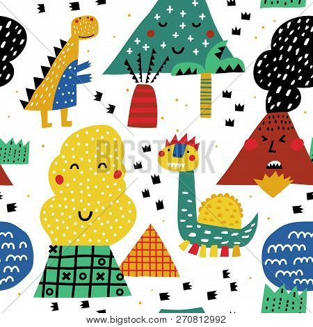 Cute Seamless Pattern With Mountais And Dino In Scandinavian Style. Creative Vector Childish Backgro